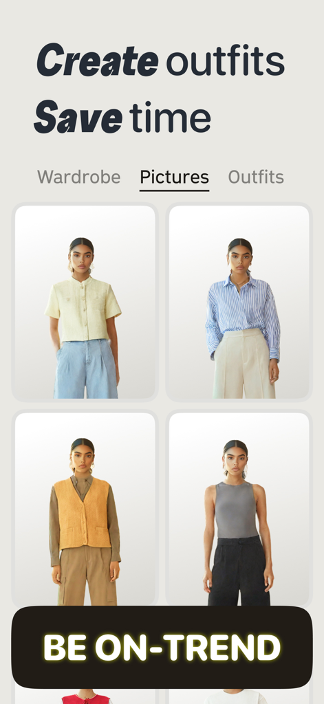 AI Clothes Changer: Stylist - A grid of four trendy outfits for a woman displayed in the AI Clothes Changer app interface