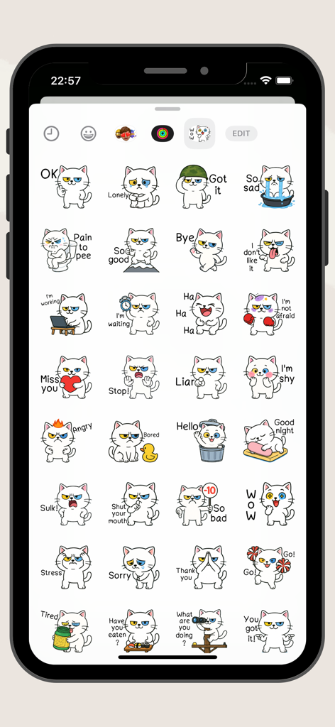 Uma coleção de adesivos de emoji de gato branco com diferentes expressões emocionais e legendas curtas para aplicativos de mensagens