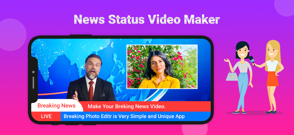 Interface of Breaking News Video Maker app showing a news broadcast template on a smartphone