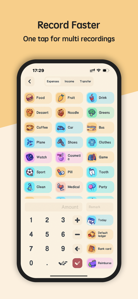 Meow Money manager - Pantalla de registro de gastos con íconos lindos y un teclado numérico en la aplicación Meow Money Manager.