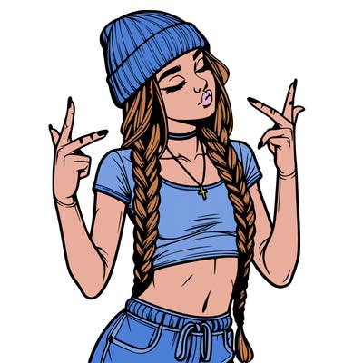 realistic teenage girl with braids and a beanie and crop top doing 🫶🏼