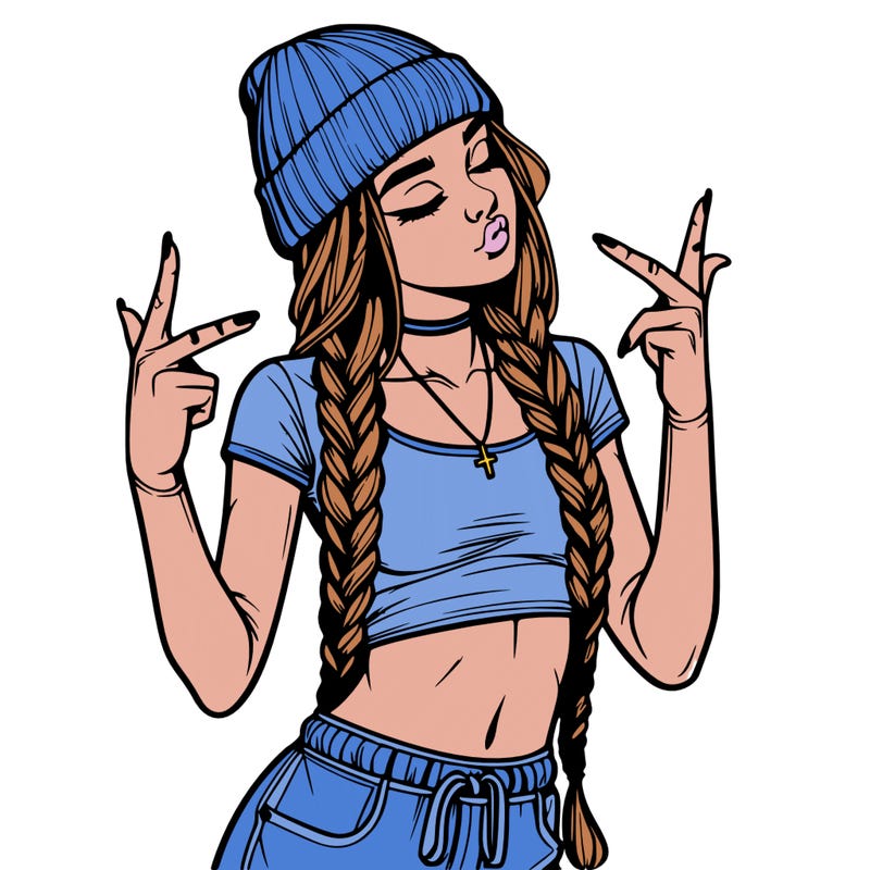 realistic teenage girl with braids and a beanie and crop top doing 🫶🏼