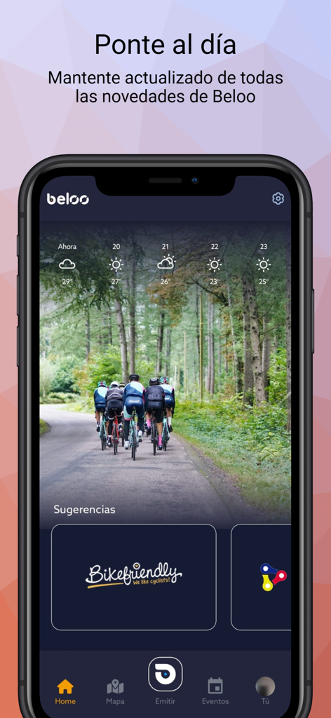 Beloo - Home screen of the Beloo app showing a weather forecast and a group of cyclists on a scenic road