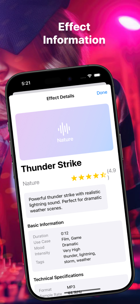 Écran d'application mobile montrant les spécifications techniques et les détails d'un effet sonore de coup de tonnerre.