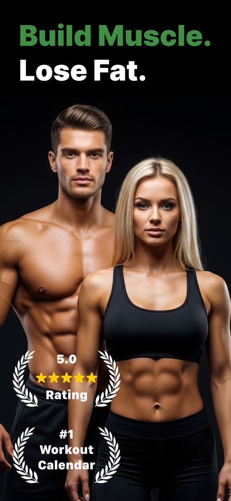 Gym Workout Planner: CrossOver - A fit man and woman showcasing fitness results for the CrossOver workout app with a 5 star rating