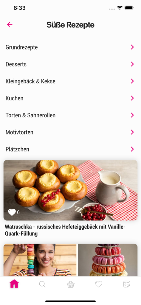 Sallys Welt - Sallys Welt app screen showing sweet recipe categories like cakes and desserts with a featured yeast pastry recipe.