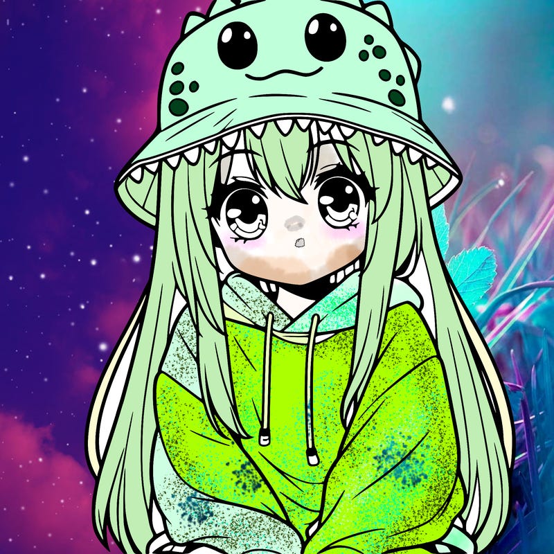 girl with anime shaped eyes with a dinosaur bucket hat oversized sweatshirt long straight hair