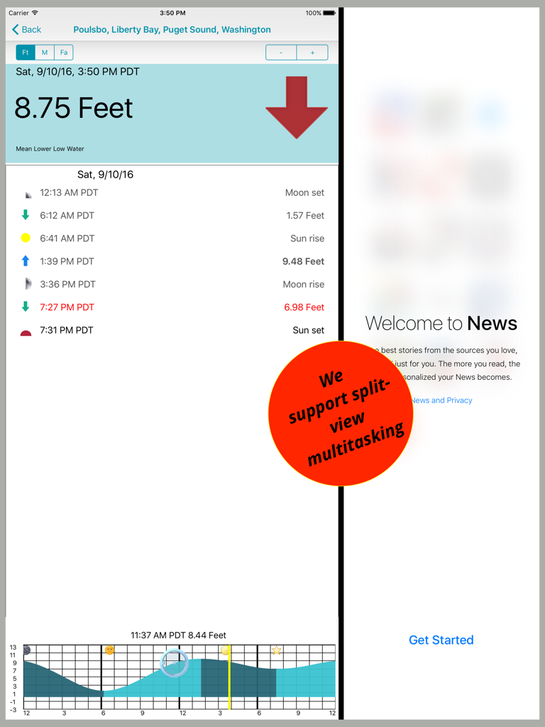 AyeTides XL - AyeTides XL interface on iPad showing tide data and split-view multitasking support.