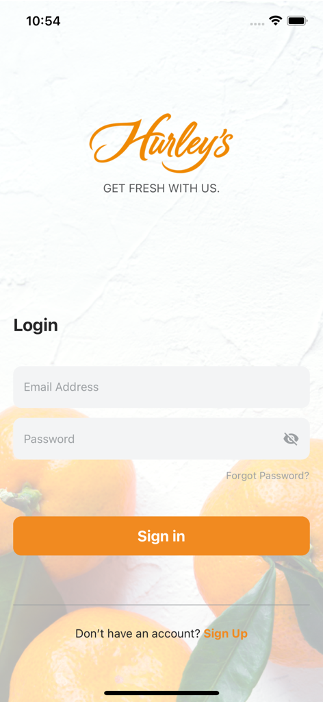 Login screen of the Hurleys app featuring email and password fields with a sign in button and fresh orange background.