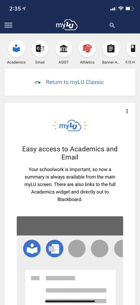 myLU - myLU app dashboard showing shortcuts to academics and email