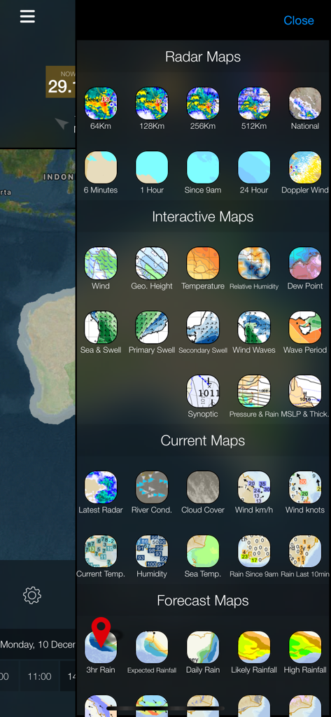 AUS Radar: WeatherAlert - Dashboard of radar interactive and forecast map icons within the AUS Radar WeatherAlert app