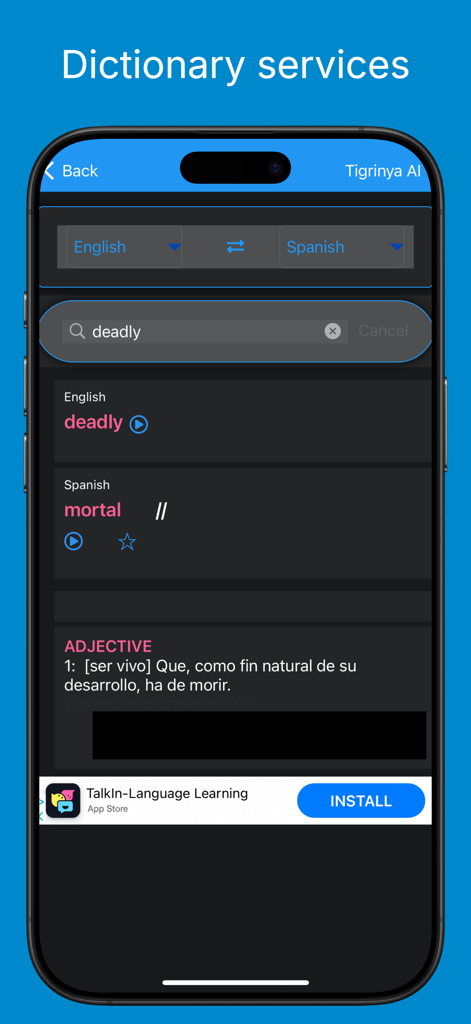Tigrinya AI: Tigrinya AI Chat - Interface of the Tigrinya AI app showing a dictionary search and translation from English to Spanish.