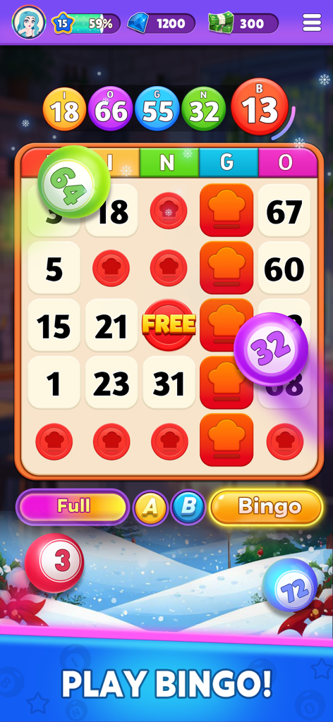 Bingo Legend - Capture d'écran du jeu mobile Bingo Legend montrant le gameplay avec un thème hivernal et une carte de bingo