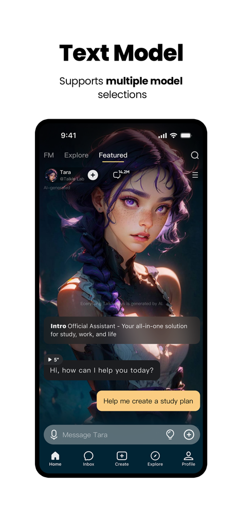 Talkie Lab AI Playground app showing a text model chat interface with a character named Tara assisting with a study plan.