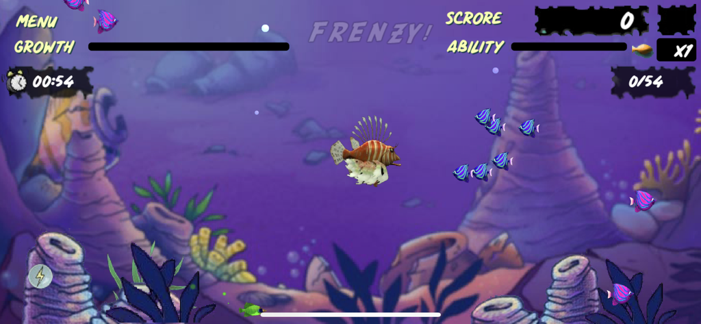 A lionfish character swimming and hunting smaller fish in the Let Me Eat Feeding Frenzy game.