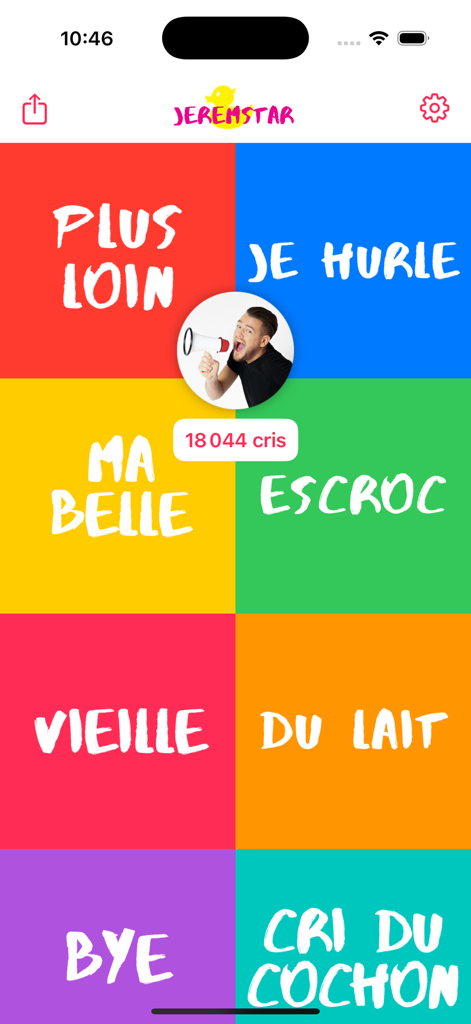 Colorful soundboard interface of the Jeremstar Box app featuring French catchphrases and a center image of Jeremstar with a megaphone.