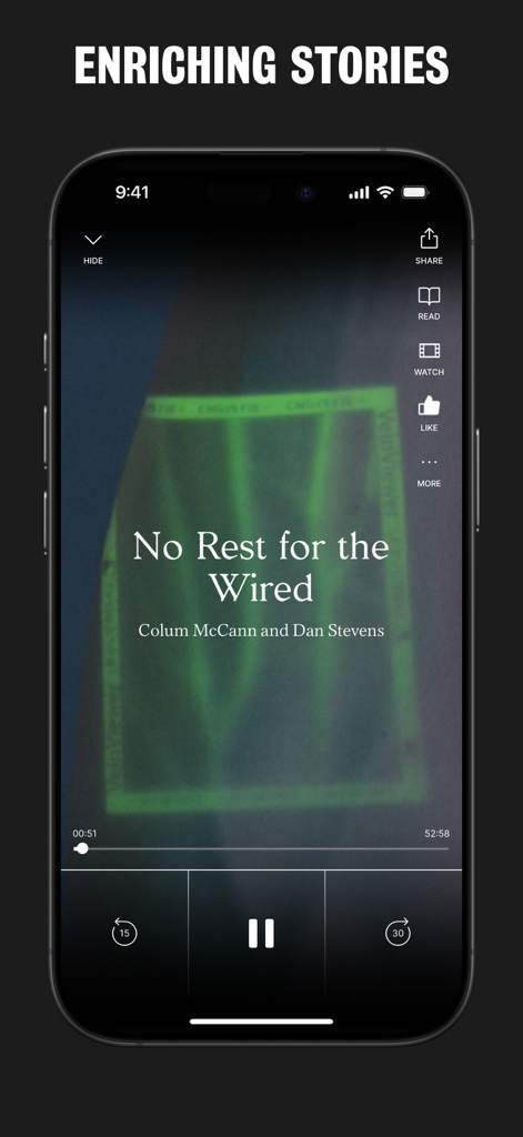 Audio player interface in the Alexander app featuring a story titled No Rest for the Wired narrated by Dan Stevens.