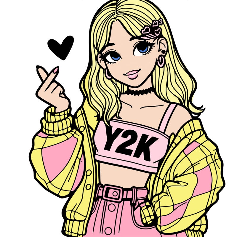 a teen girl wearing y2k clothes and doing heart sign