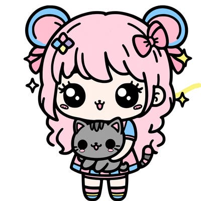 kawaii girl with a cute cat in her arms
