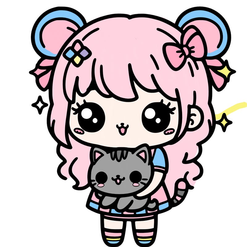 kawaii girl with a cute cat in her arms