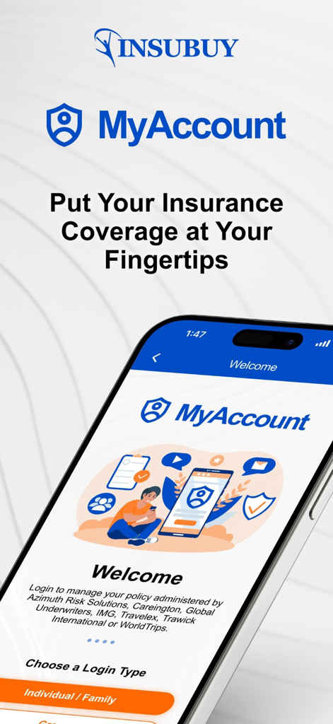 Insubuy MyAccount app welcome screen showing travel insurance management features