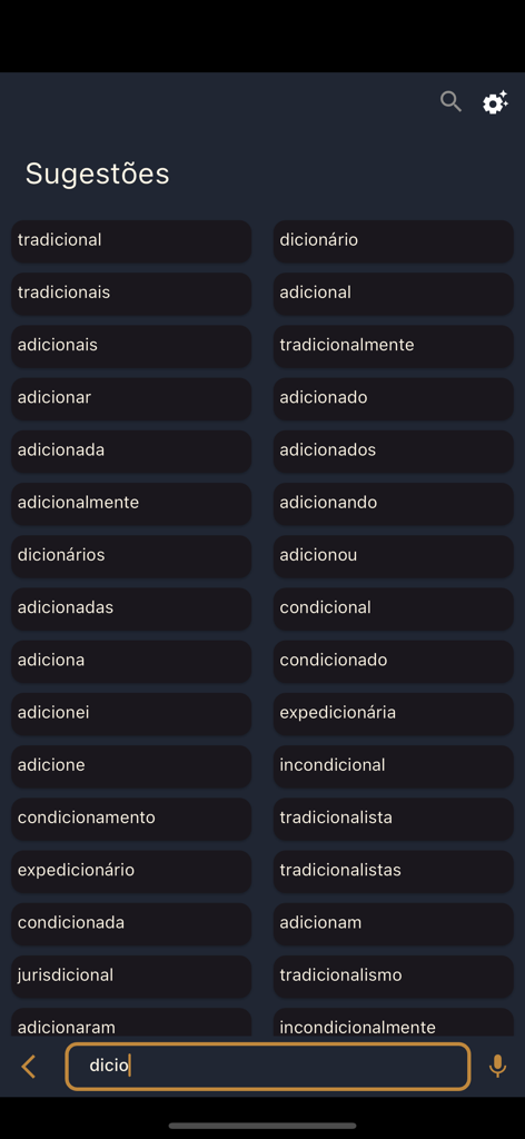 Sinonimos - A interface do aplicativo Sinônimos exibindo sugestões de busca para palavras em português.