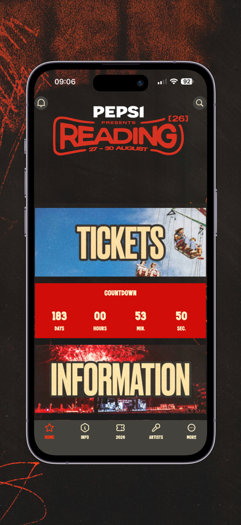 Reading Festival - Home screen of the Reading Festival app featuring ticket information and a countdown timer to the event