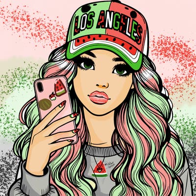 realistic beautiful girl wearing los ángeles cap holding an iphone