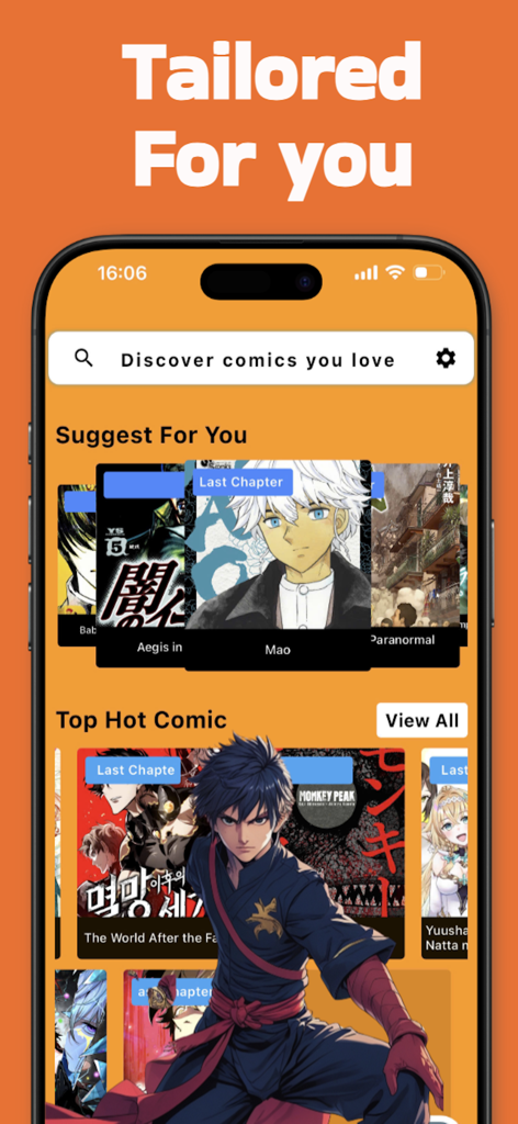 MangaToon - From MangaDex - MangaToon app interface showing tailored manga recommendations and hot comic titles for users