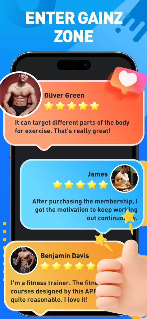 Three positive user reviews with five star ratings for the MuscleMaxme muscle building app