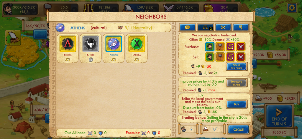 The diplomacy and trade interface in Marble Age Remastered showing interactions with Athens and other neighboring city states