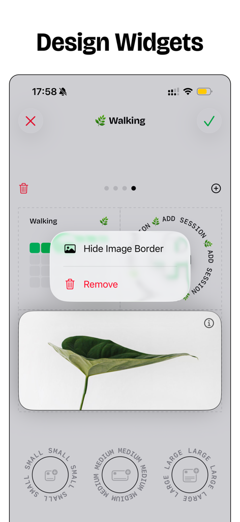 Habit Tracker — timespent - Interface for designing custom habit tracker home screen widgets with various sizes and images.