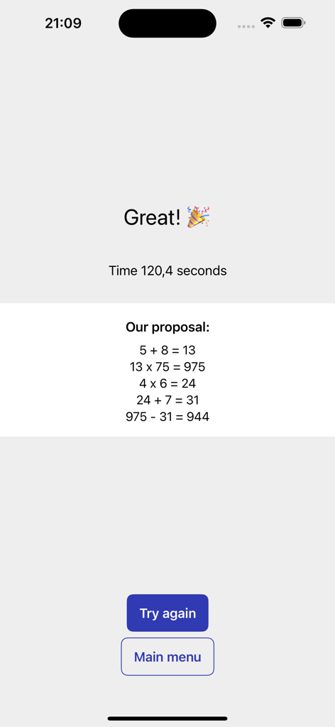 Countdown Letters & Numbers - Captura de pantalla de un nivel completado del juego de números que muestra una solución matemática paso a paso para un desafío de agilidad mental