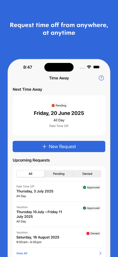Interface de l'application Dayforce montrant les demandes de congés et le statut d'approbation sur un iPhone.