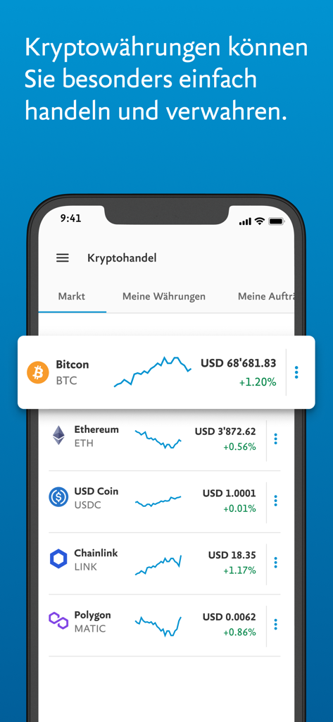 Interface of the LUKB E-Banking app displaying cryptocurrency prices and market trends for Bitcoin and Ethereum