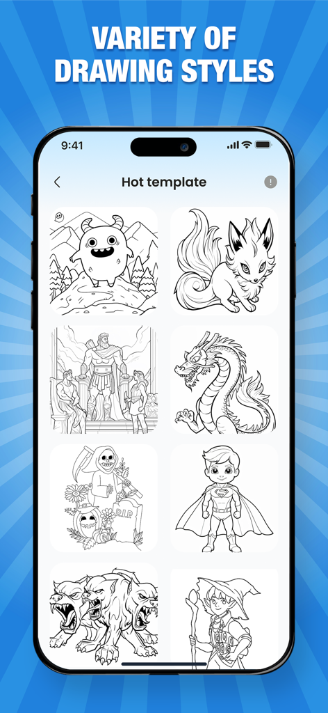 Draw Anime: Paint & Sketch App - 神話上の生き物やアニメスタイルのキャラクターを含む描画テンプレートのコレクションを示すアプリ画面