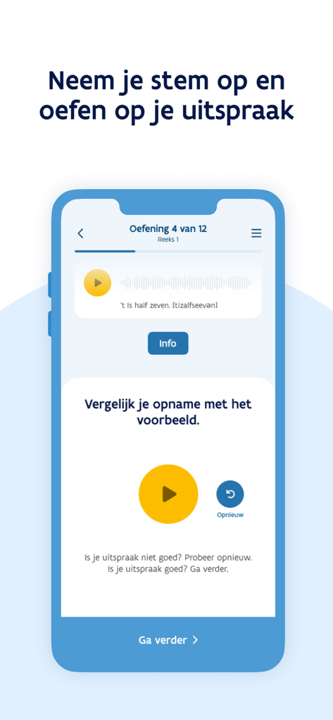 VDAB Uitsprekend - Interfaz de la app VDAB Uitsprekend mostrando la herramienta de grabación y comparación de voz para la práctica de pronunciación del neerlandés