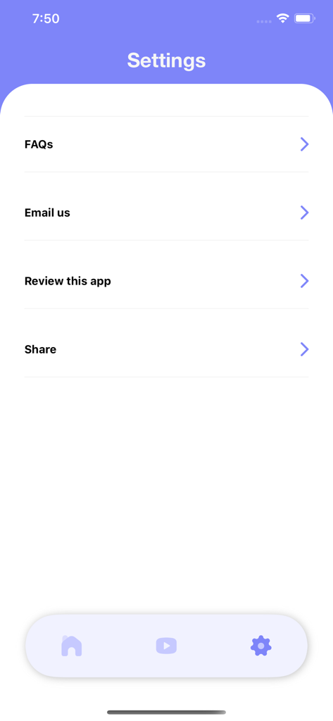 FAQ、メール、アプリレビューのオプションが表示された、画面ミラーリング アプリの設定画面。
