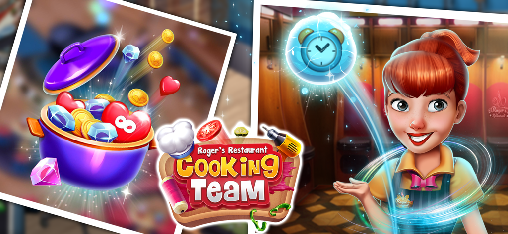 Una colorida imagen promocional de Cooking Team que muestra una olla llena de gemas y monedas junto a un personaje femenino alegre.