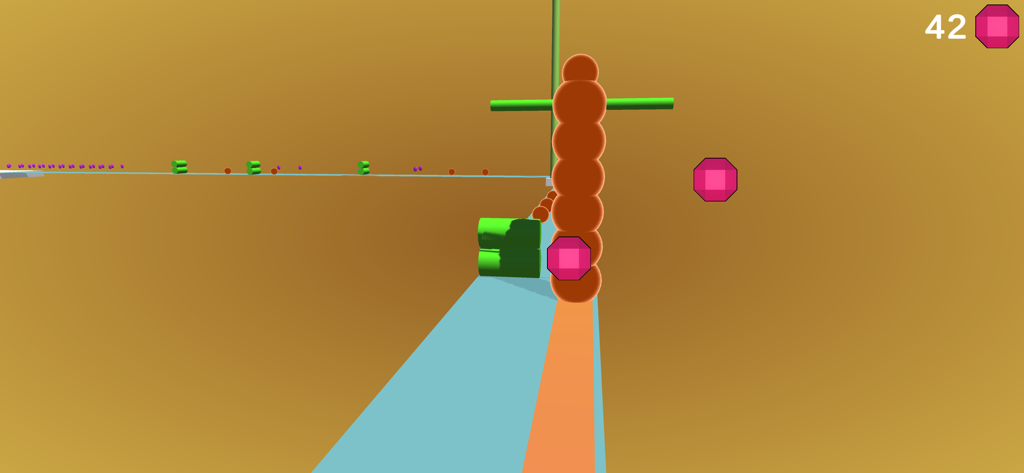 Gameplay-Bildschirm von NET RATERODEN, der einen Stapel brauner Kugeln auf einer Strecke mit grünen Hindernissen zeigt