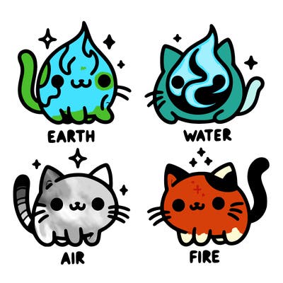 4 cats that represent the different elements, earth, water, air, and fire