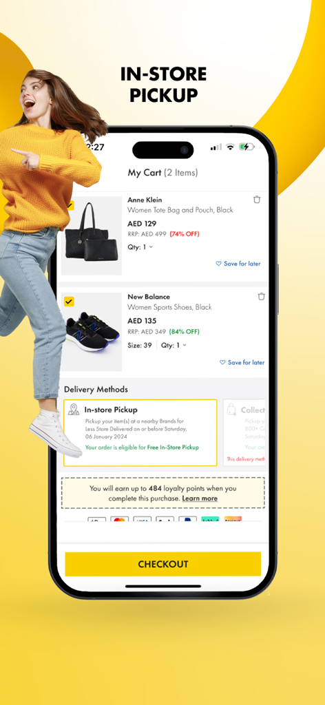 Brands For Less mobile app screen displaying a shopping cart with discounted designer items and the in-store pickup delivery option selected.