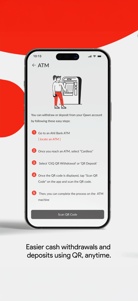 Qawnアプリのインターフェースに、QRコードを使用したカードレスATM現金引き出しと預け入れの手順が表示されています