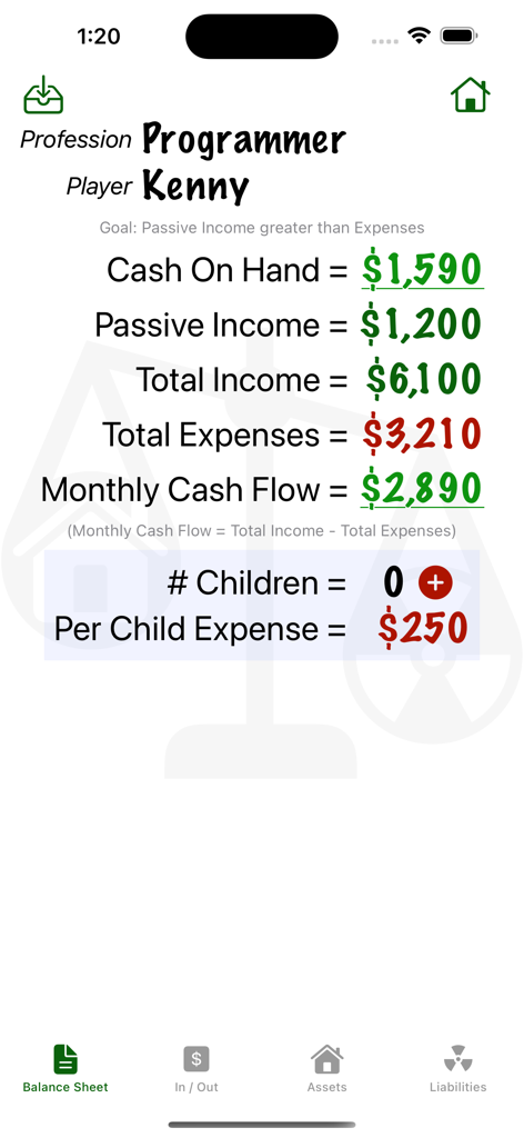 Cashflow Balance Sheet - A mobile app interface displaying financial statistics including passive income and monthly cash flow for the Cashflow board game.