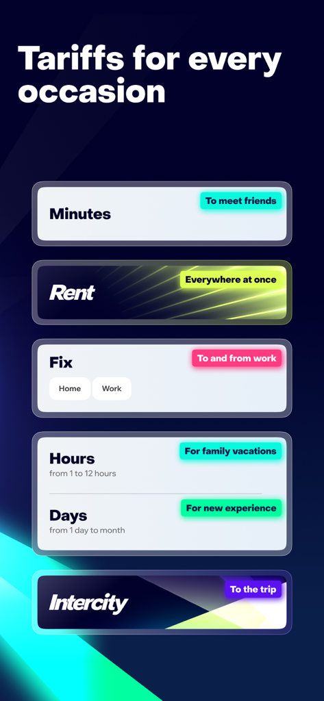 A mobile app interface for Delimobil showing various car rental tariffs including minutes, hours, days, and intercity options