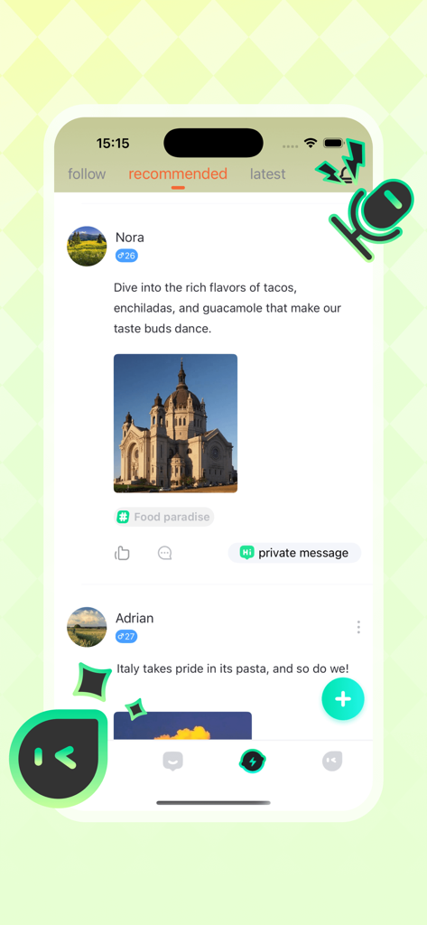 Interface of Faby Star app showing recommended social posts and user profiles