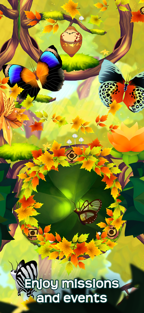 Flutter: Butterfly Sanctuary - Colorful butterflies flying in a rainforest sanctuary with autumn leaves and mission text