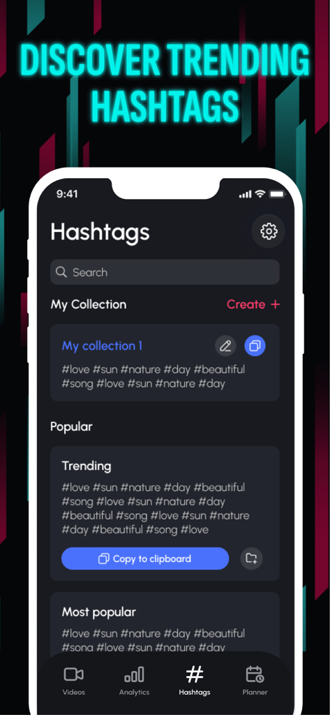 TikMaker app screen displaying trending hashtags and creator collections