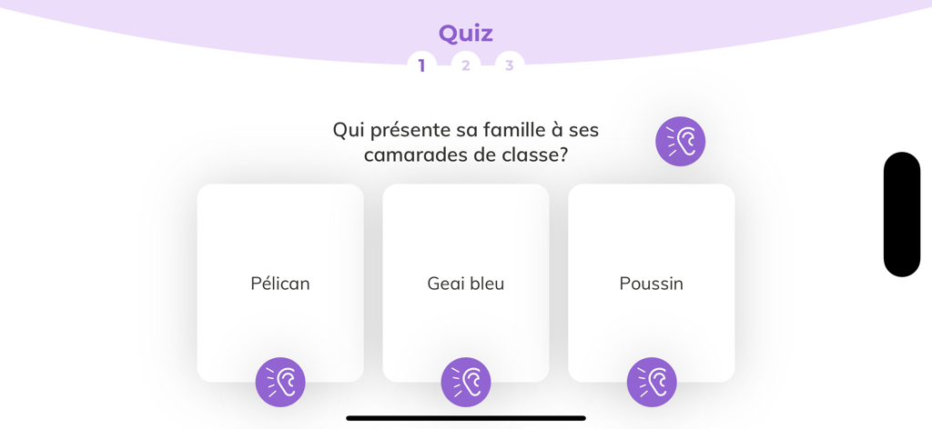 Boukili - A French multiple-choice reading quiz in the Boukili educational app with audio buttons.