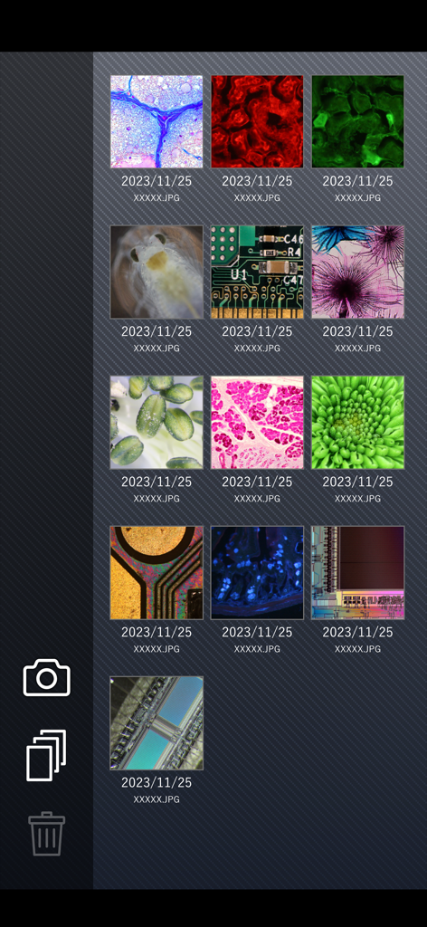 Vista galleria all'interno dell'app i-NTER SHOT2 che mostra una griglia di immagini microscopiche acquisite, inclusi campioni biologici e circuiti elettronici.